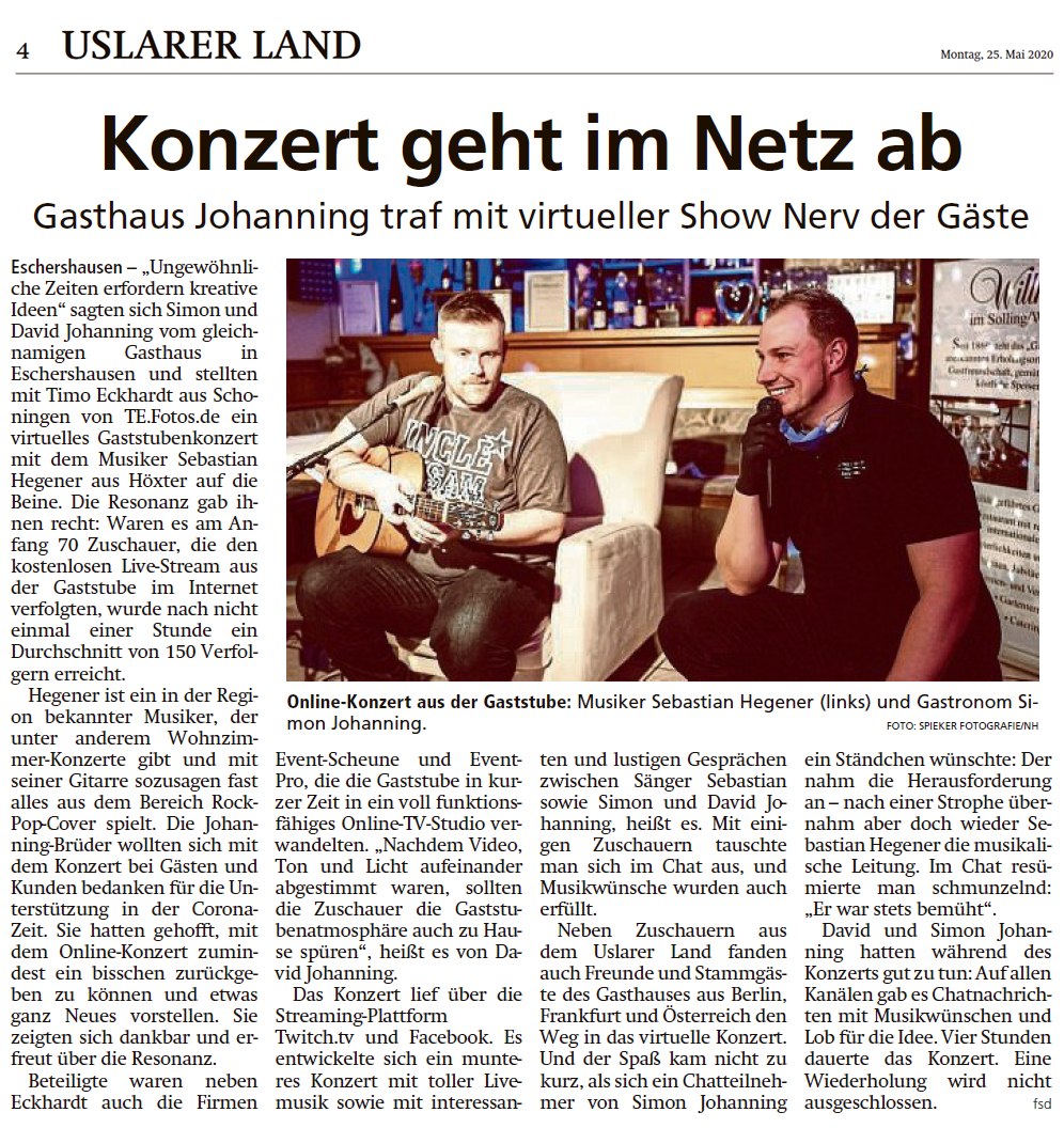 Zeitungsartikel der HNA zum Gasstubekonzert im Gasthaus Johanning